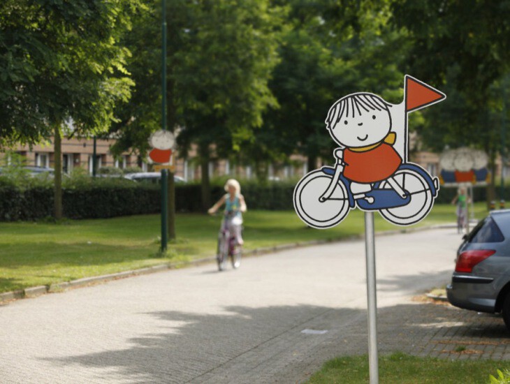 silhouetbord dick bruna van Nijntje verkeersbord niet officieel als aanvulling op bestaande borden voor meer verkeersveiligheid voor kinderen in woonwijk en schoolomgeving zoals schoolzone waar kids spelen en fietsen en voetballen